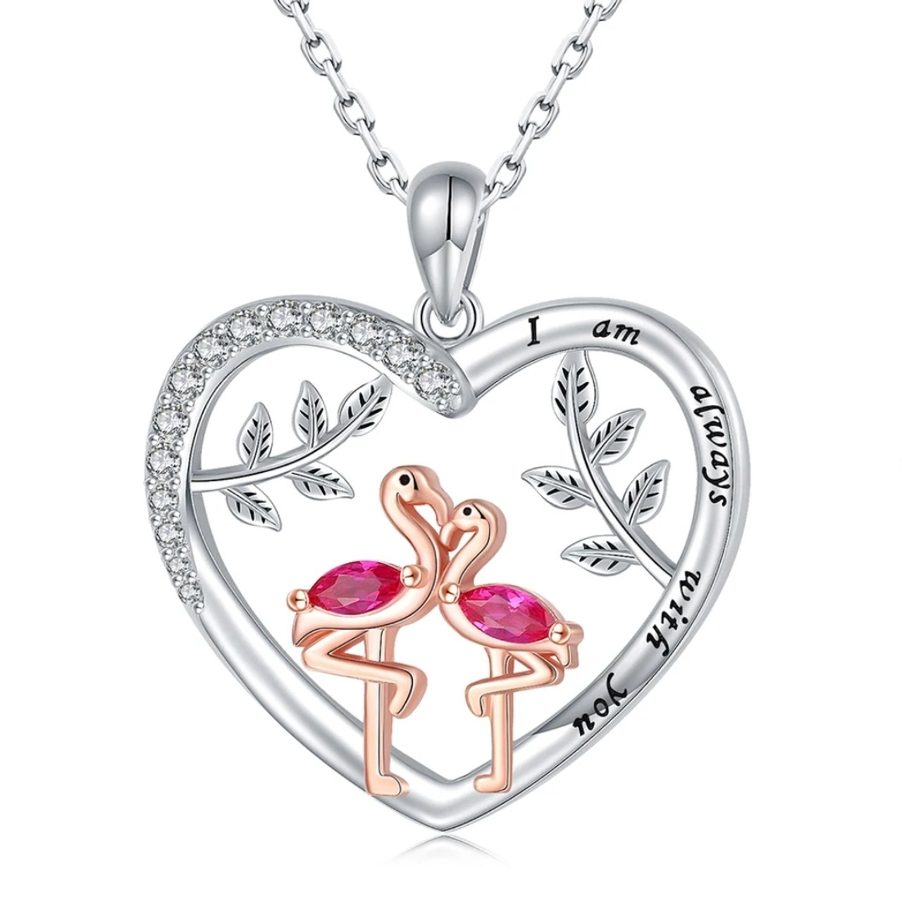 Pink Flamingo CZ Heart Necklace in 18k Rose Gold & Rhodium