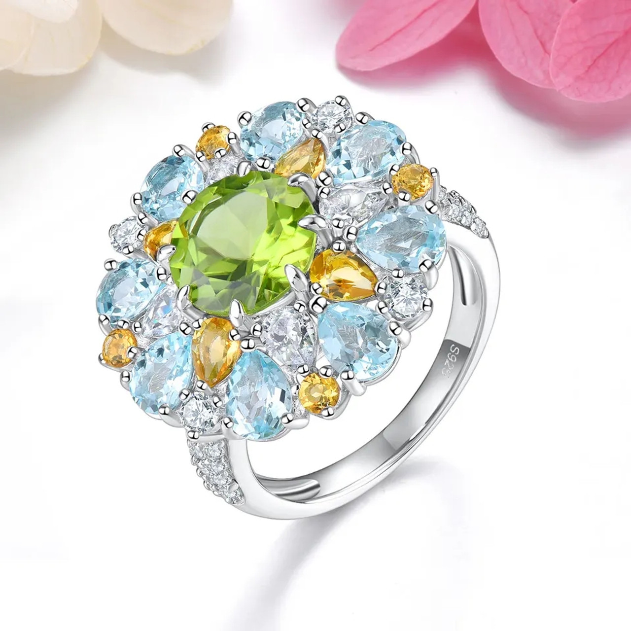 Peridot, Citrine, Blue Topaz & Zircon Cluster Ring in Rhodium over Sterling  Silver 7.00ctw