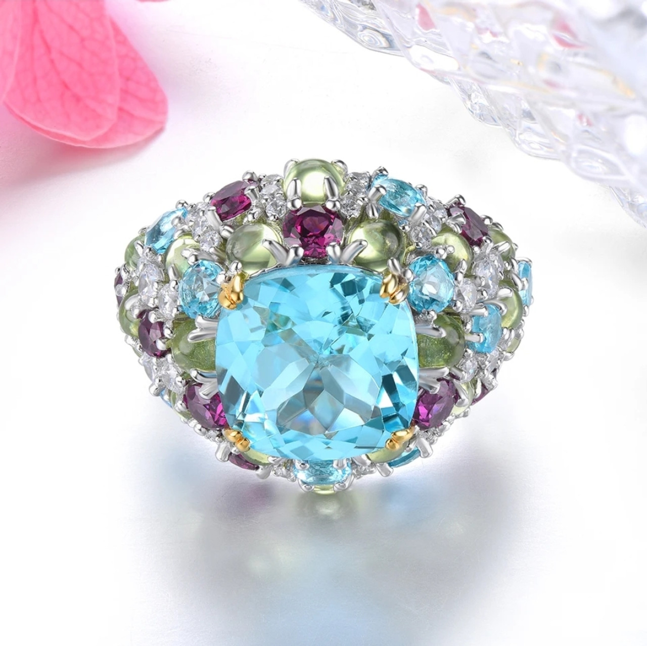 Sky Blue Topaz & Multi Gem Cocktail Ring in Rhodium over Sterling 