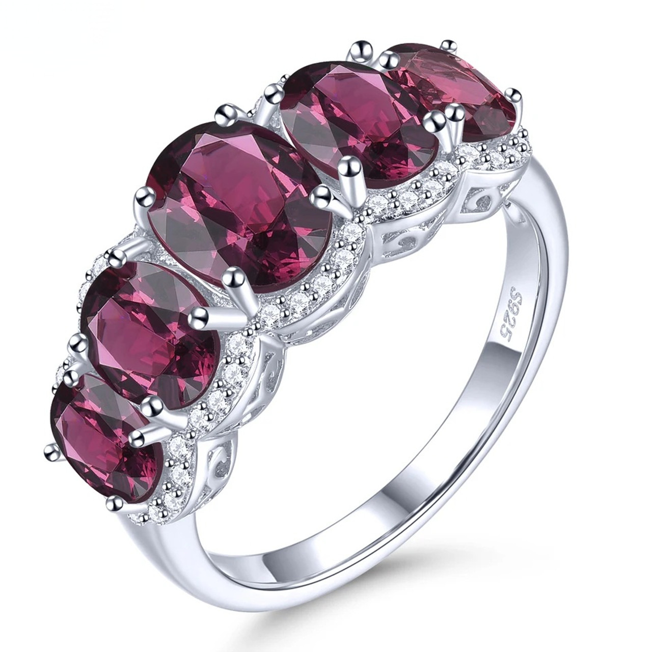 Rhodolite Garnet and White Zircon Five Stone Ring in Rhodium over