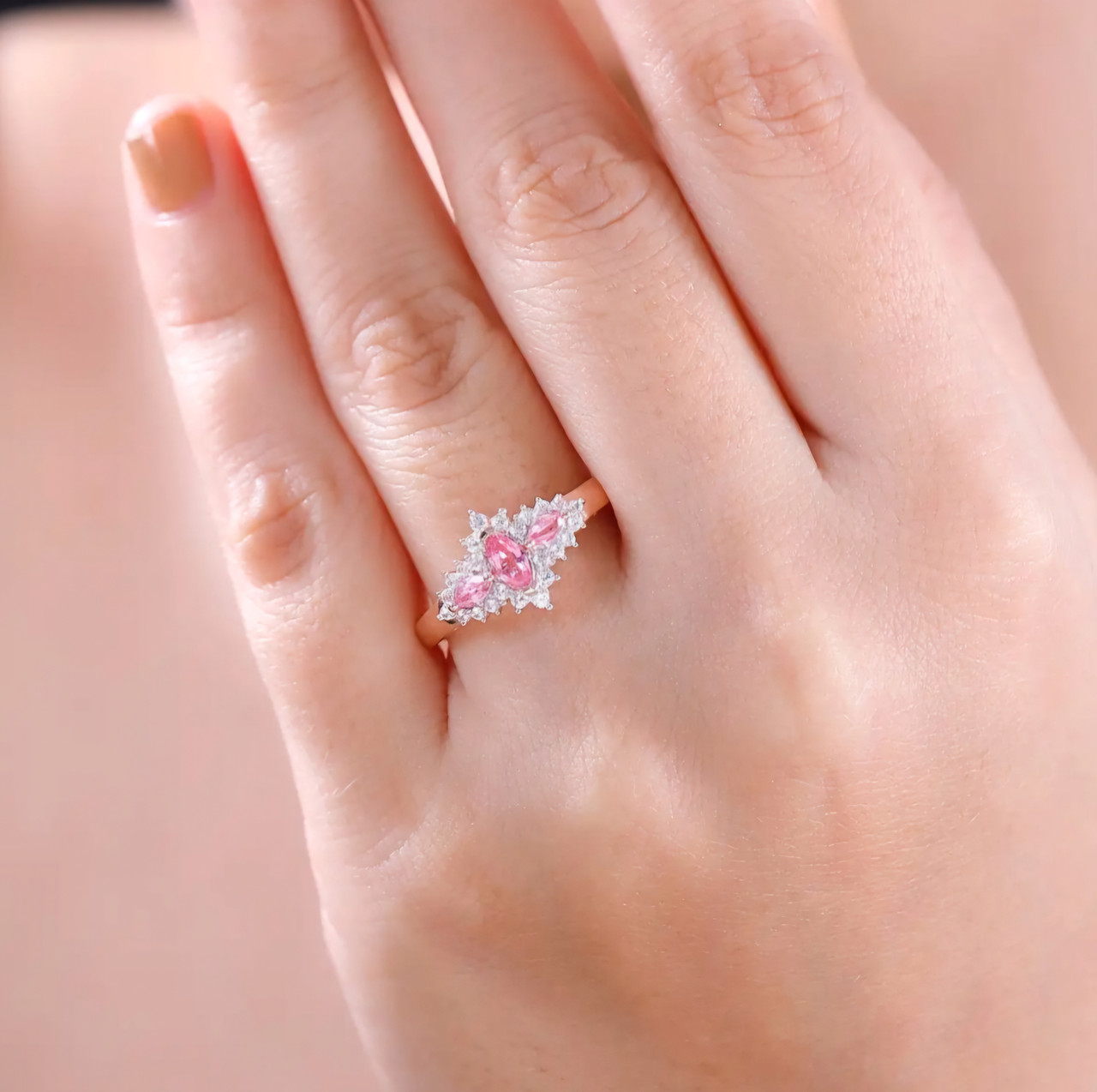 Pink Spinal Rings Mahenge Pink Spinel & White Zircon Trilogy Halo Ring In 18K Rose Gold ...