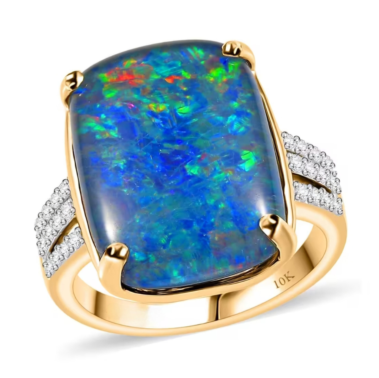 Australian Boulder Opal Triplet Moissanite Solid 10k Yellow Gold