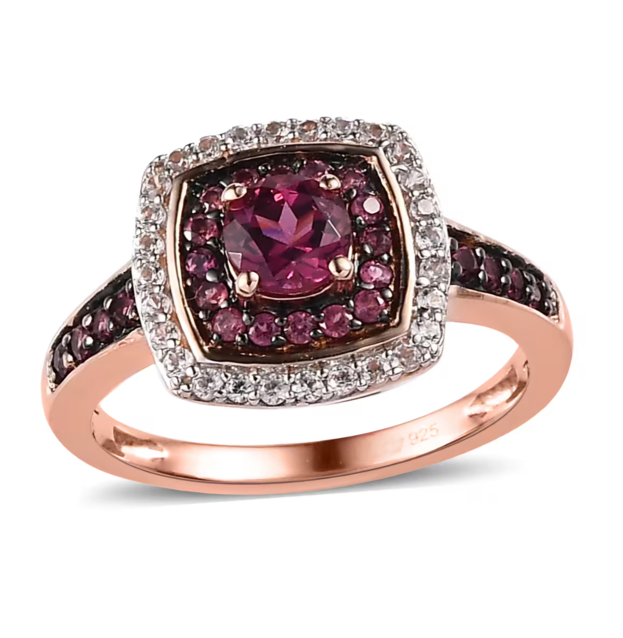 Rhodolite Garnet White Zircon Cluster Ring In 18K Rose Gold over