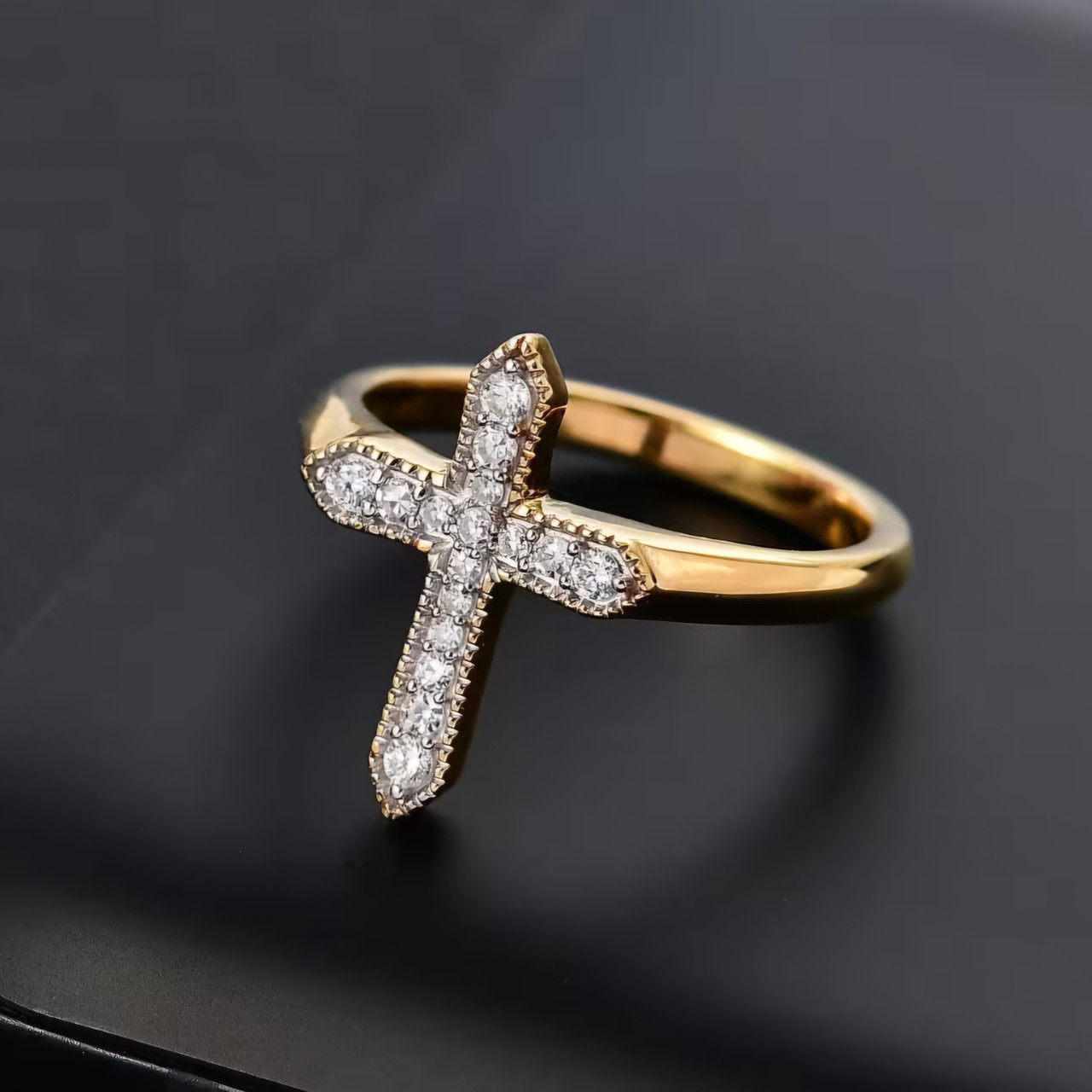 Lateral Cross Rings Lab Diamond Cross Ring In 18K Yellow Gold over Sterling Silver 0.20ctw