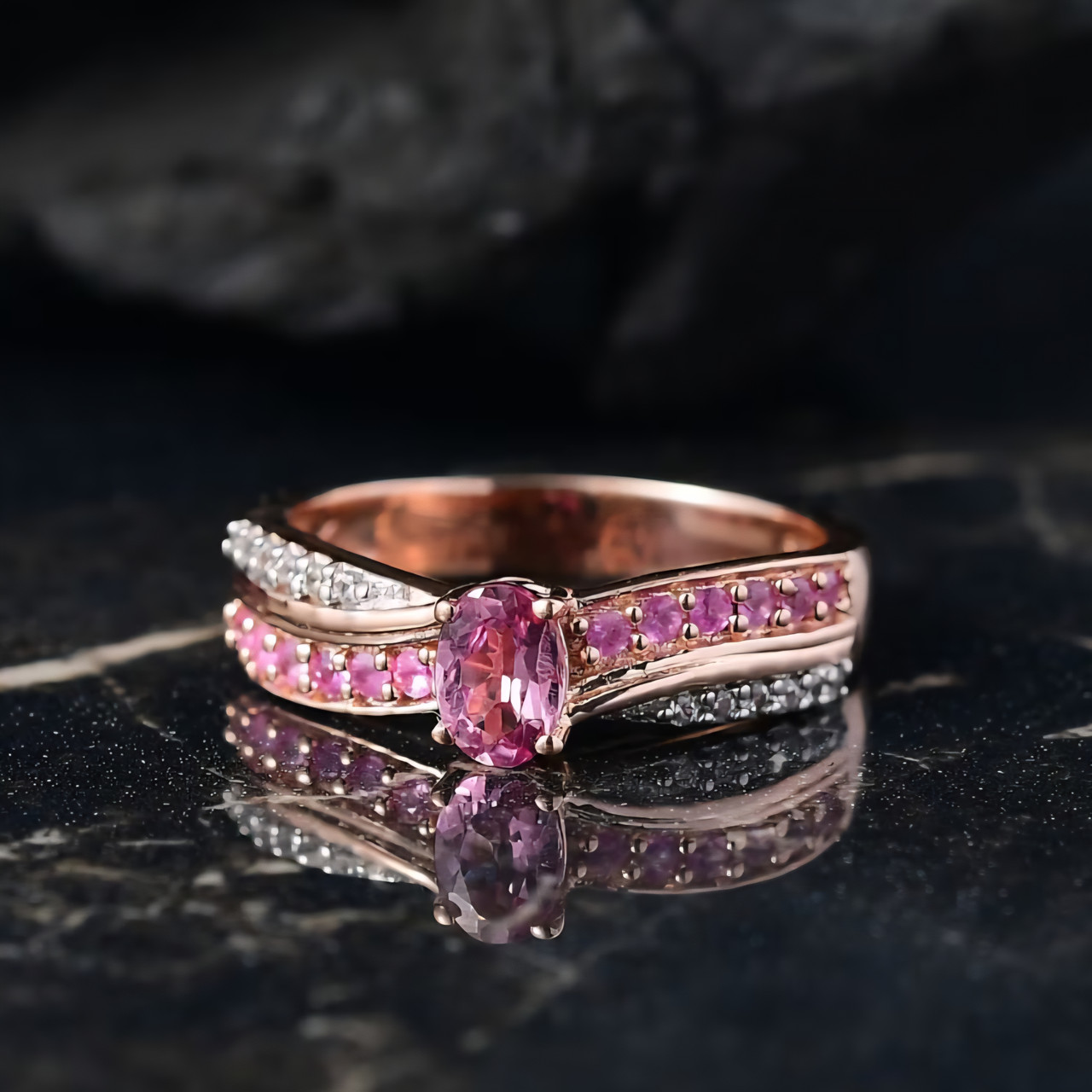 Pink Spinal Rings Pink Spinel, Pink Sapphire & White Zircon Ring In 18K Rose Gold over ...