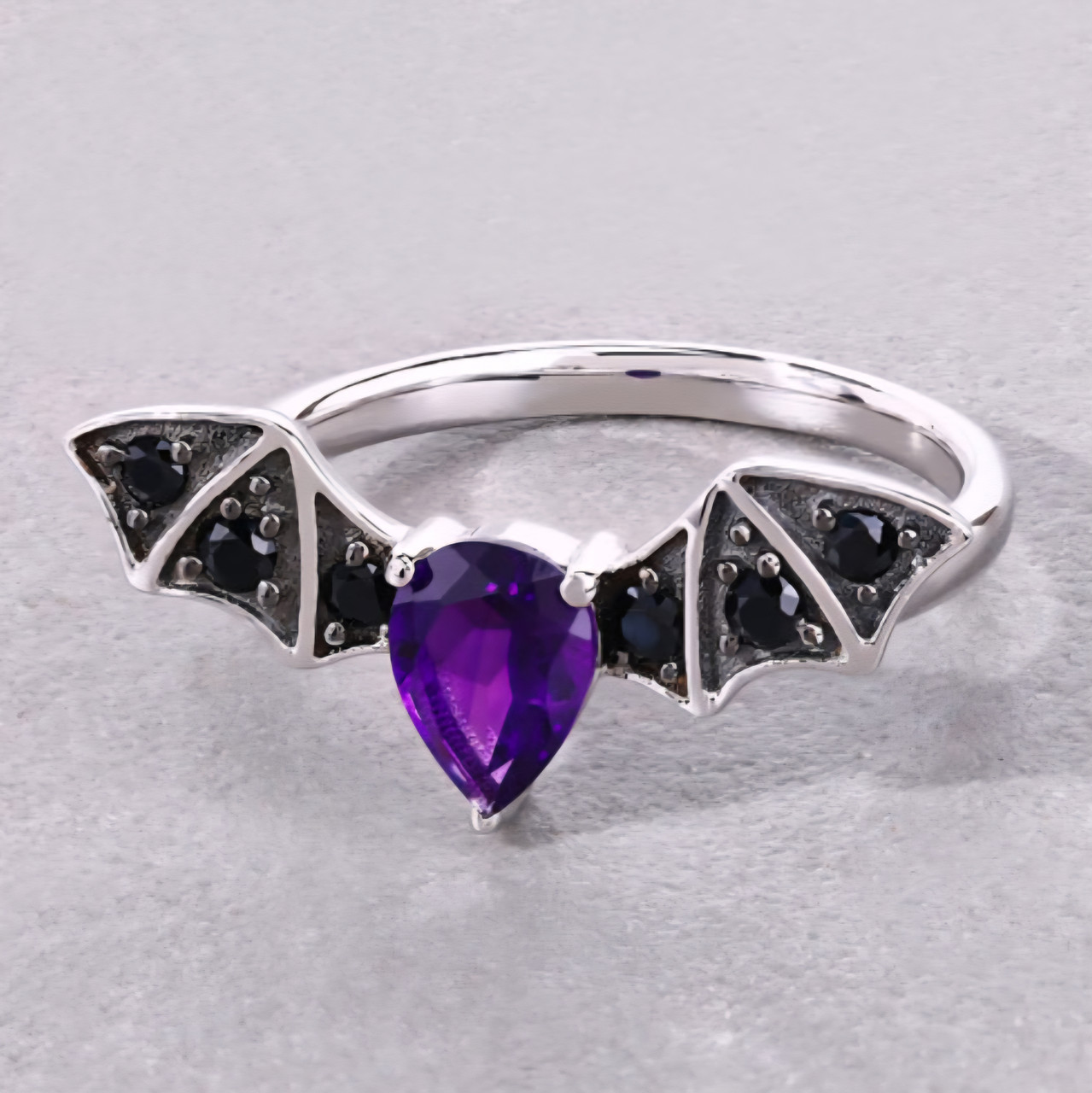 Bat Wing Ring with Amethyst & Black Spinel in Black and White Rhodium ...