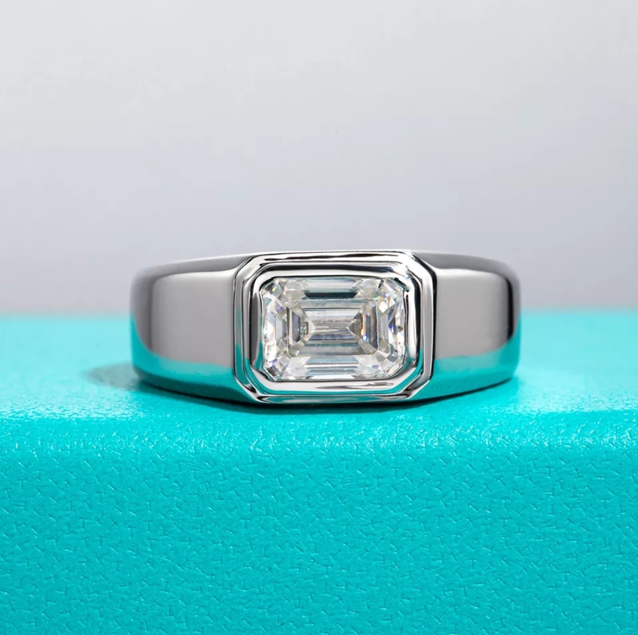 Men's Emerald Cut Moissanite Solitaire Ring Rhodium over Sterling ...