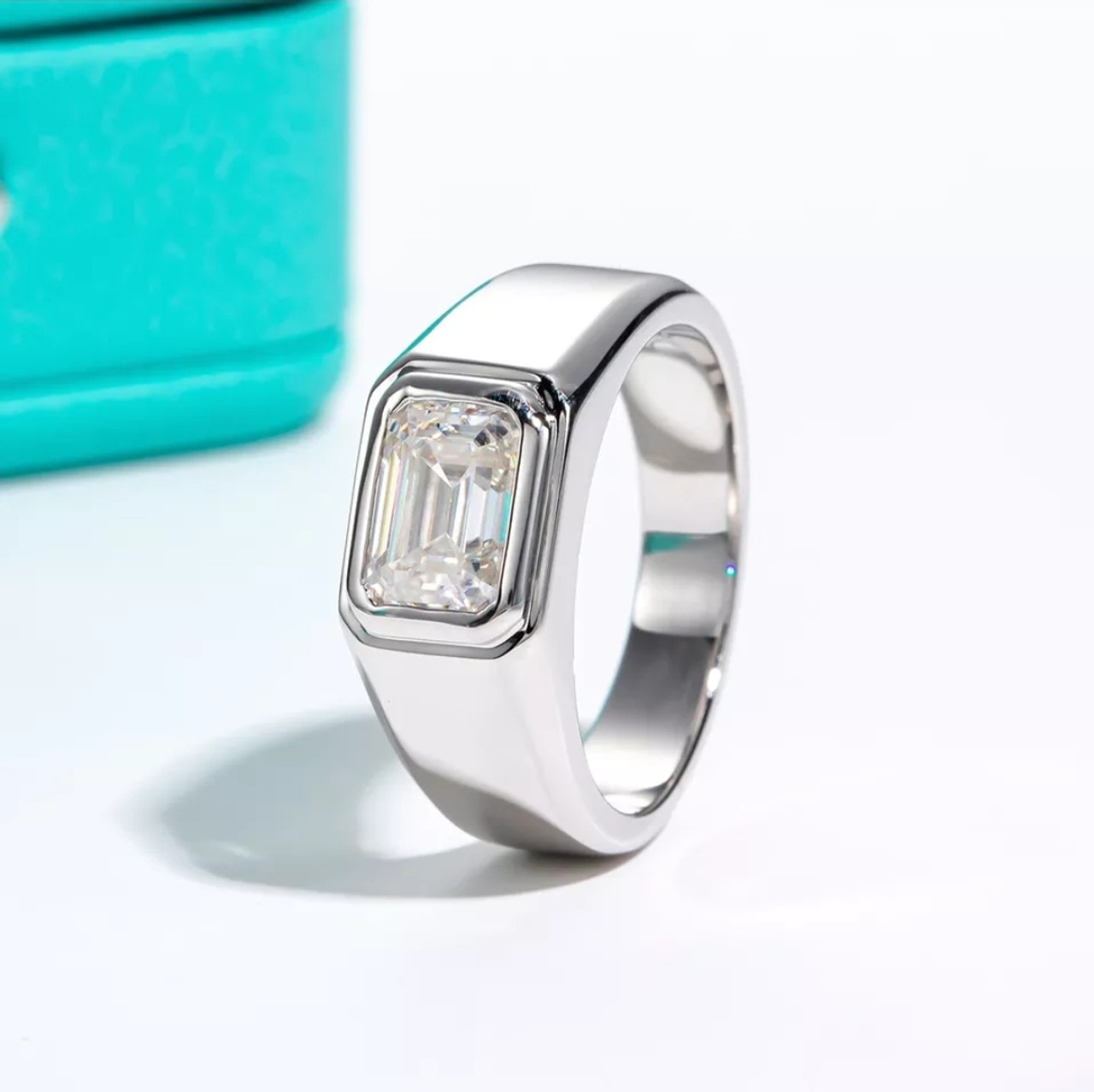 Men's Emerald Cut Moissanite Solitaire Ring Rhodium over Sterling ...