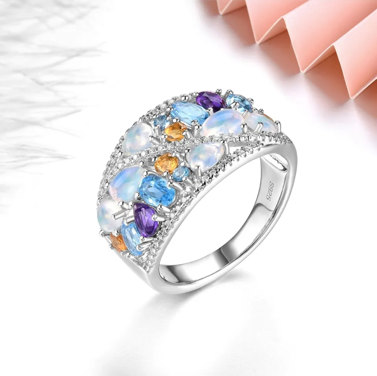 Opal & Multi Gemstone Band Cluster Ring in Rhodium over Sterling Silver  2.20ctw