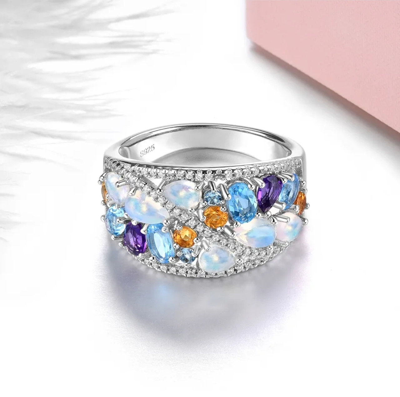 Opal & Multi Gemstone Band Cluster Ring in Rhodium over Sterling 