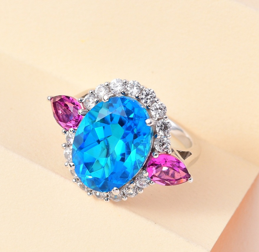 Blue & Pink Quartz with White Zircon Colorful Ring in Rhodium over ...