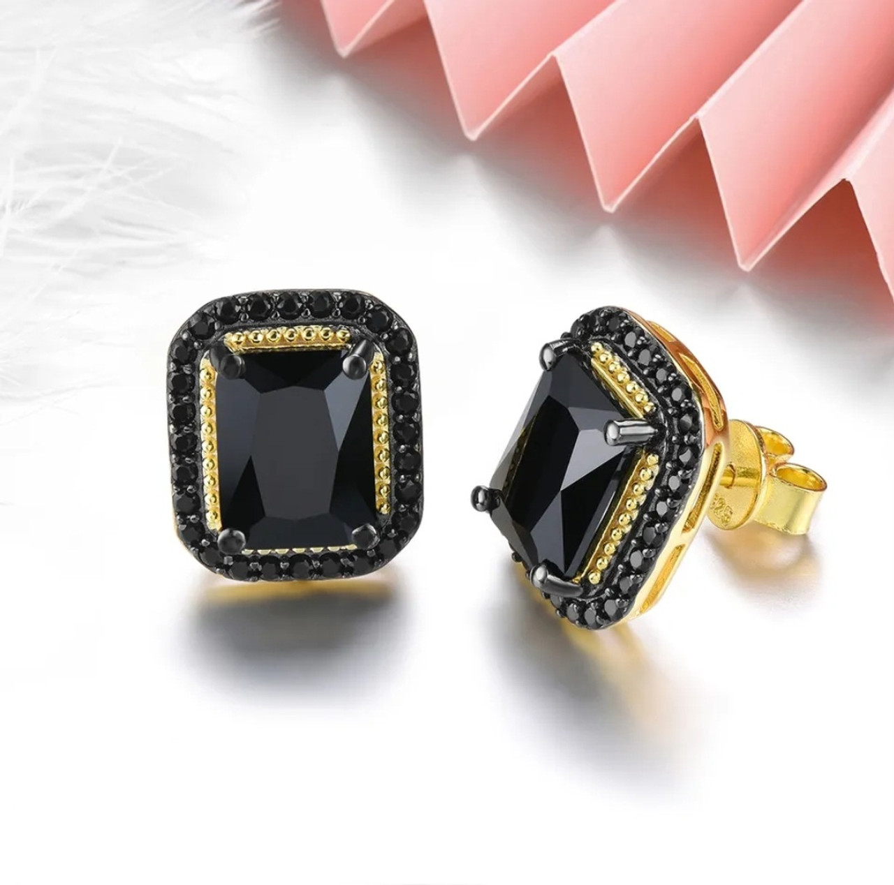 Emerald Cut Black Spinel Halo Stud Earrings in 18K Yellow Gold