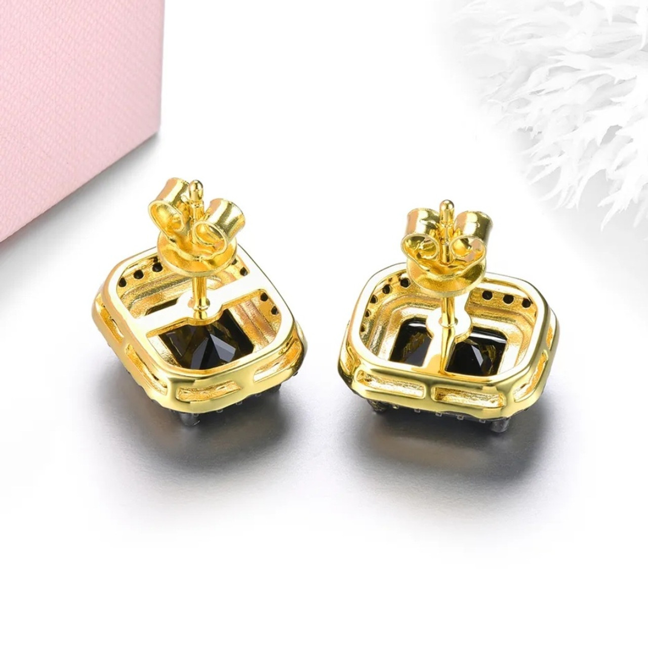 Emerald Cut Black Spinel Halo Stud Earrings in 18K Yellow Gold over  Sterling Silver 5.8ctw