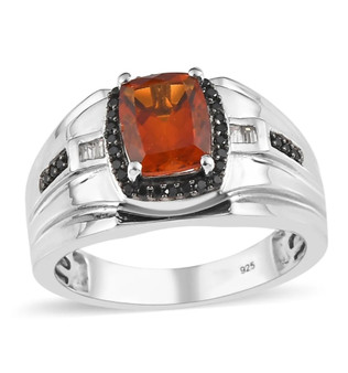 mens citrine black spinel and white zircon ring in rhodium over sterling silver