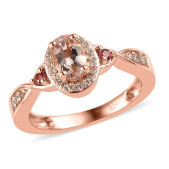 morganite pink tourmaline and white zircon womens wedding ring in 18k rose gold over sterling silver