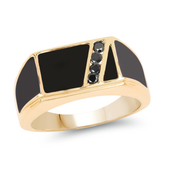 black diamond and black enamel gents ring in 18k yellow gold over sterling silver