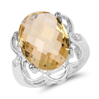 checkerboard faceted citrine and white topaz oval statement ring in rhodium over sterling silver