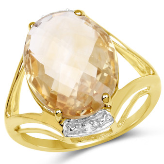 checkerboard faceted citrine and white topaz oval statement ring in yellow gold over sterling silver
