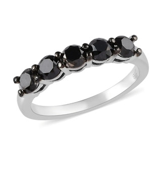 front view of black diamond 5 stone wedding ring in rhodium over sterling silver