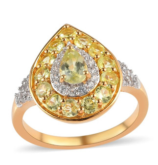 chrysoberyl and white zircon pear halo ring in 18k yellow gold over sterling silver