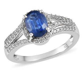 kyanite and white zircon halo openwork ring in rhodium over sterling silver