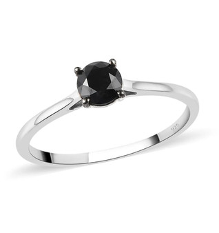 front view of round black diamond solitaire wedding ring in rhodium over sterling silver