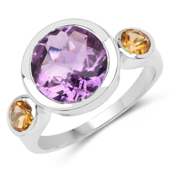 bezel set amethyst and citrine three stone ring in rhodium over sterling silver