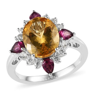 heliodor rhodolite and zircon ring in rhodium over sterling silver