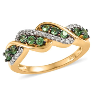 tsavorite garnet and white zircon band ring in 18k yellow gold over sterling silver