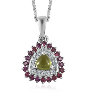 vesuvianite rhodolite and zircon double halo pendant necklace in rhodium over sterling
