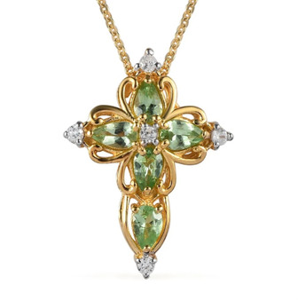 tsavorite garnet and white zircon cross necklace in 18k yellow gold over sterling silver
