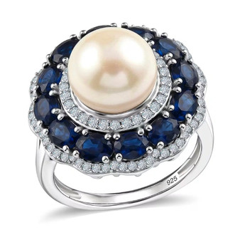 front view of freshwater pearl sapphire and moissanite triple halo ring in rhodium over sterling silver