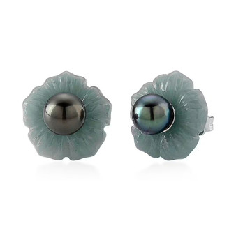 tahitian pearl and guatemalan jadeite jade carved flower earrings with rhodium over sterling silver front