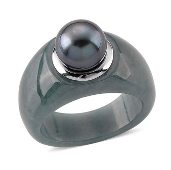 tahitian pearl and carved guatemalan jadeite jade dome band ring with rhodium over sterling silver front