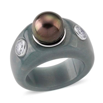 front view of tahitian pearl guatemalan jadeite and moissanite dome band ring