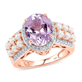 kunzite freshwater pearl and moissanite halo ring in 18k vermeil rose gold over sterling silver front