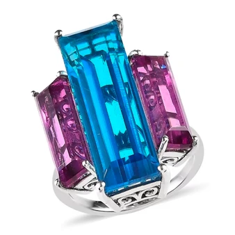 front view of blue and pink quartz triplet trilogy cocktail ring in rhodium over sterling silver