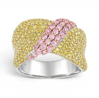 front view of natural pink and white diamond cluster wide band ring in 14k tri-tone gold