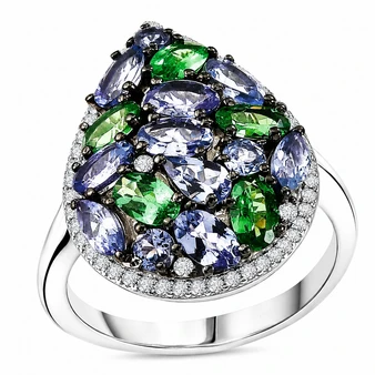 front view of tanzanite tsavorite pear shaped and moissanite pear cluster ring in rhodium over sterling silver