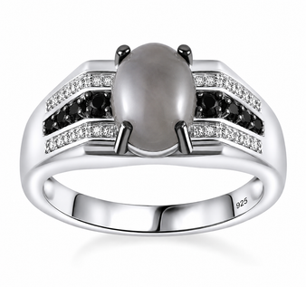 gray moonstone black spinel and white zircon mens ring in rhodium over sterling silver front