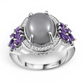 front view of gray moonstone amethyst and white zircon ring in rhodium over sterling silver
