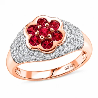 red spinel and moissanite floral cluster ring in 18k vermeil rose gold and rhodium over sterling silver front