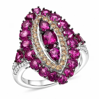 rhodolite garnet yellow sapphire and white zircon marquise shaped cluster ring in rhodium over sterling silver front