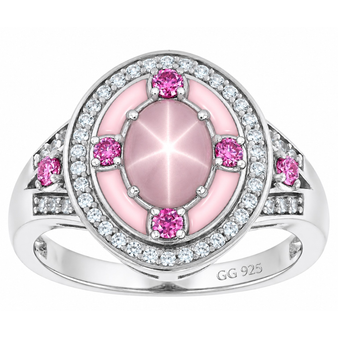 star rose quartz pink sapphire conch shell inlay and white zircon halo ring in rhodium over sterling silver front