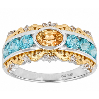 yellow blue and white zircon band ring in two tone 18k vermeil yellow gold and rhodium over sterling silver front