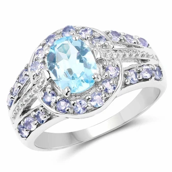 swiss blue topaz and tanzanite oval halo ring in rhodium over sterling silver