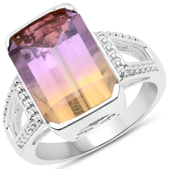 ametrine emerald cut solitaire ring in rhodium over sterling silver