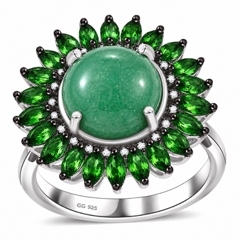 green aventurine chrome diopside and white zircon halo ring in black and white rhodium over sterling silver front