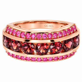 red zircon and pink sapphire multi row band ring in 18k vermeil rose gold over sterling silver front