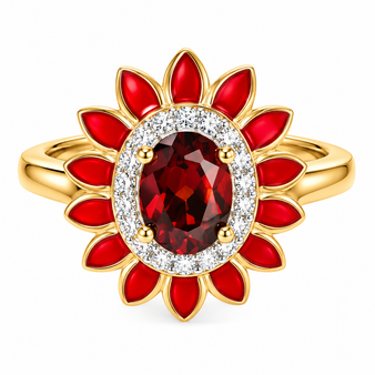 red and white zircon flower ring with red enamel in 18k vermeil yellow gold over sterling silver front